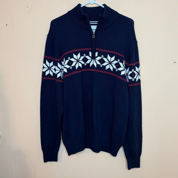Weatherproof Vintage Men's Large Blue White Fair Isle Snowflake 1/4 Zip Sweater - Picture 1 of 4